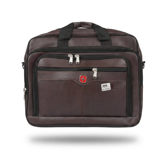   "Front view of executive brown leather-style business bag with Swiss cross emblem, multiple zippered compartments, and silver hardware"