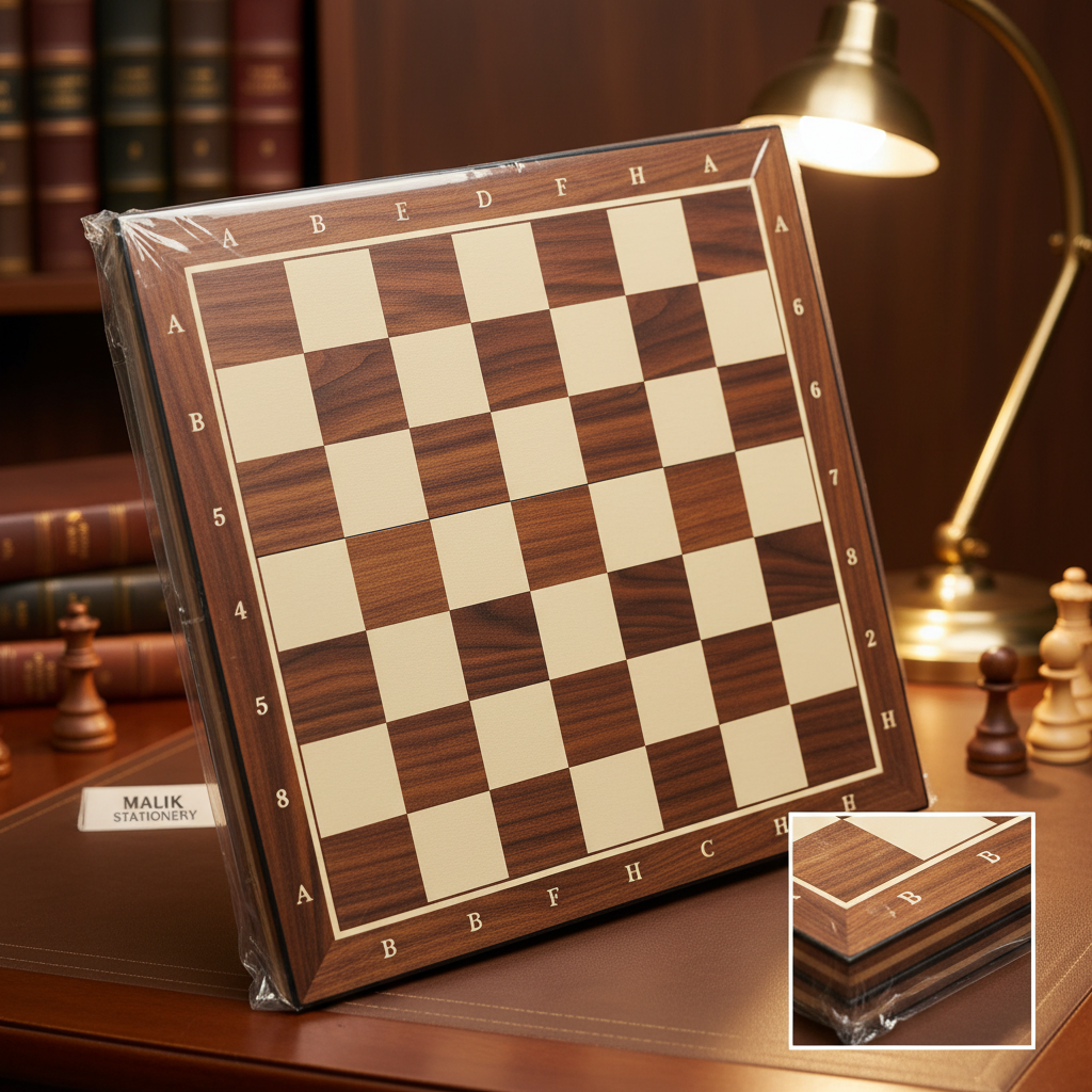 "Premium wooden folding chess board with walnut wood grain finish and algebraic notation coordinates A-H and 1-8, shown in protective plastic wrap on a mahogany desk with brass desk lamp and leather books in background. Inset image shows board folded for storage."