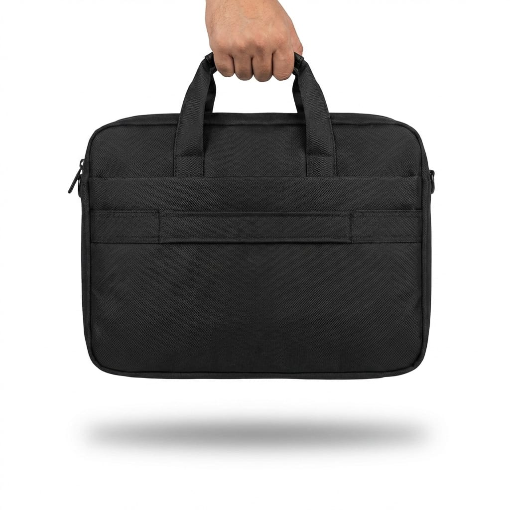  "Hand holding black professional laptop briefcase bag showing top handles and horizontal front strap design by Malik Stationery"
