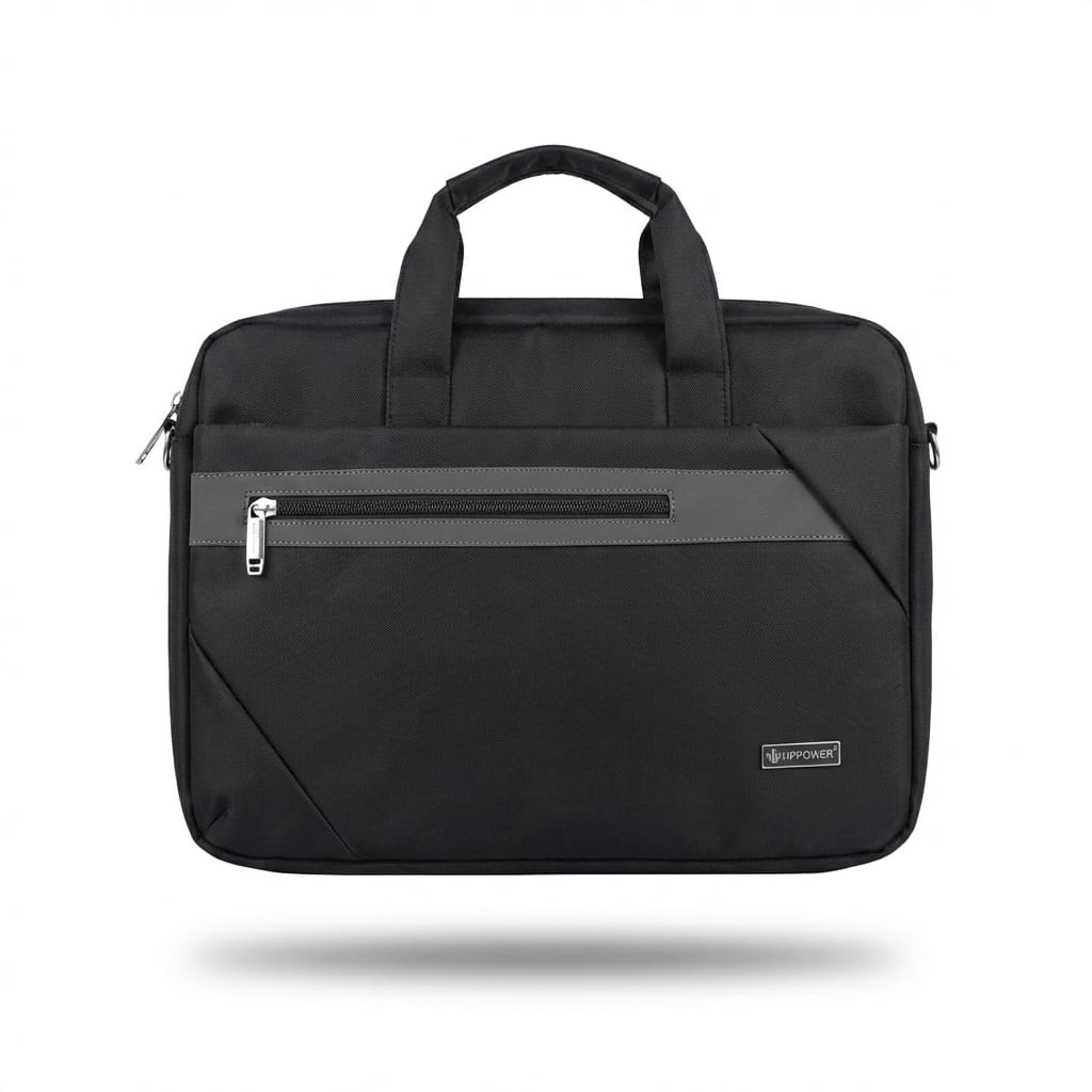 "Front view of UPPOWER black laptop messenger bag with grey accent stripe, front zipper pocket, and metal logo badge"