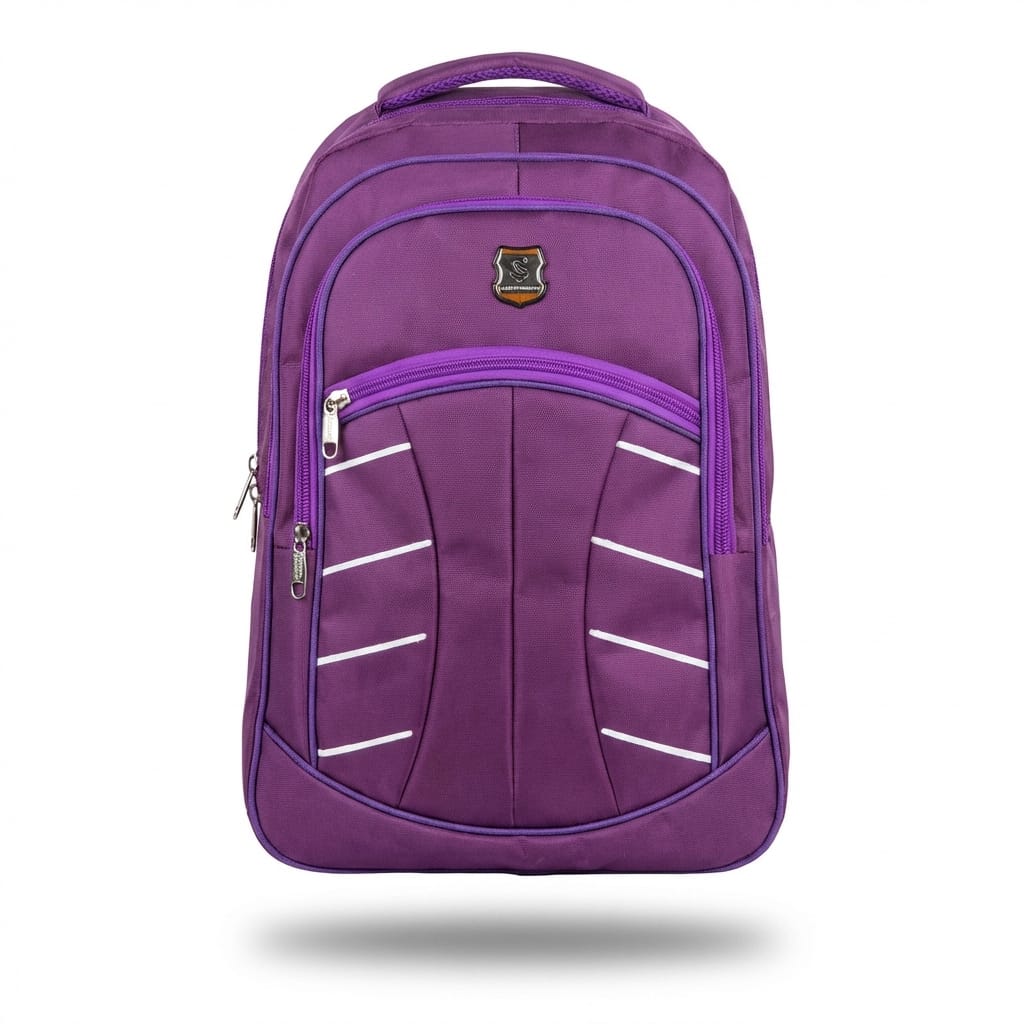 Image 2 (Front view): "Front view of vibrant purple laptop backpack with reflective white safety strips, shield logo, multiple zippered compartments, and lavender trim details"
