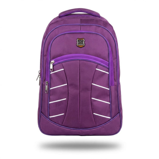 Image 2 (Front view): "Front view of vibrant purple laptop backpack with reflective white safety strips, shield logo, multiple zippered compartments, and lavender trim details"
