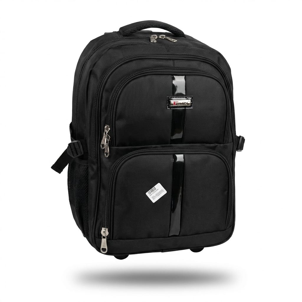 Image 1 (Front view): "Front view of black rolling backpack with multiple zippered compartments, glossy stripe accents, and side mesh pockets by Malik Stationery"
