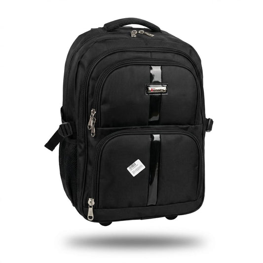 Image 1 (Front view): "Front view of black rolling backpack with multiple zippered compartments, glossy stripe accents, and side mesh pockets by Malik Stationery"
