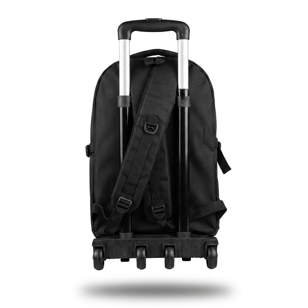Image 2 (Back view): "Back view showing extended telescopic handle, rolling wheels, and backpack straps of black wheeled trolley bag"
