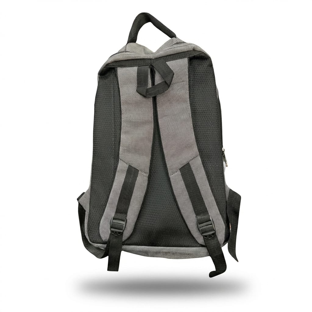Image 2 (Back view): "Back view of grey textured backpack showing padded mesh back panel, S-curve shoulder straps with breathable padding, and adjustable buckles"
