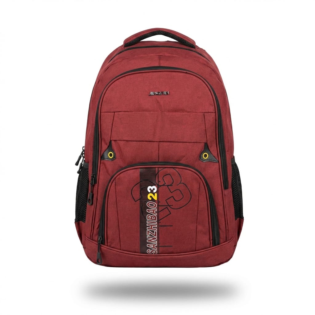 Image 1 (Front view): "Front view of maroon Sanzhubao 23 sport backpack with black trim, yellow eyelets, vertical brand text, multiple zippered compartments and side mesh pockets by Malik Stationery"
