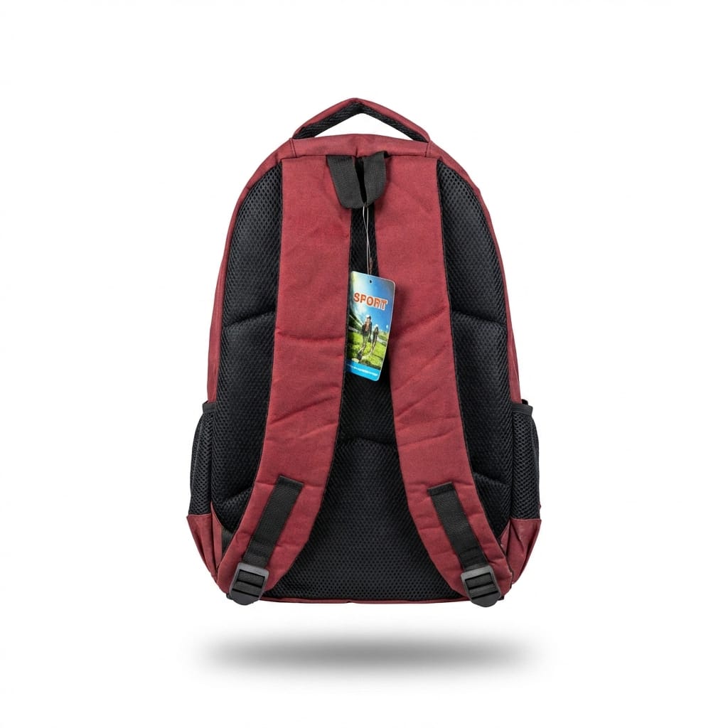 Image 2 (Back view): "Back view of red sport backpack showing padded shoulder straps with breathable mesh panels, adjustable buckles, and blue SPORT hang tag"
