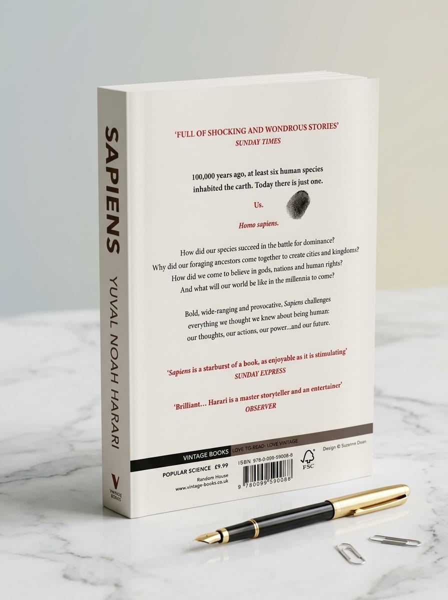 Book titled 'Sapiens' by Yuval Noah Harari on a marble surface with a pen.
