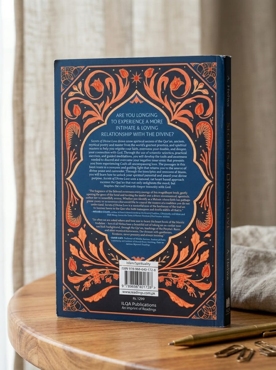Decorative book with intricate orange designs on a wooden surface