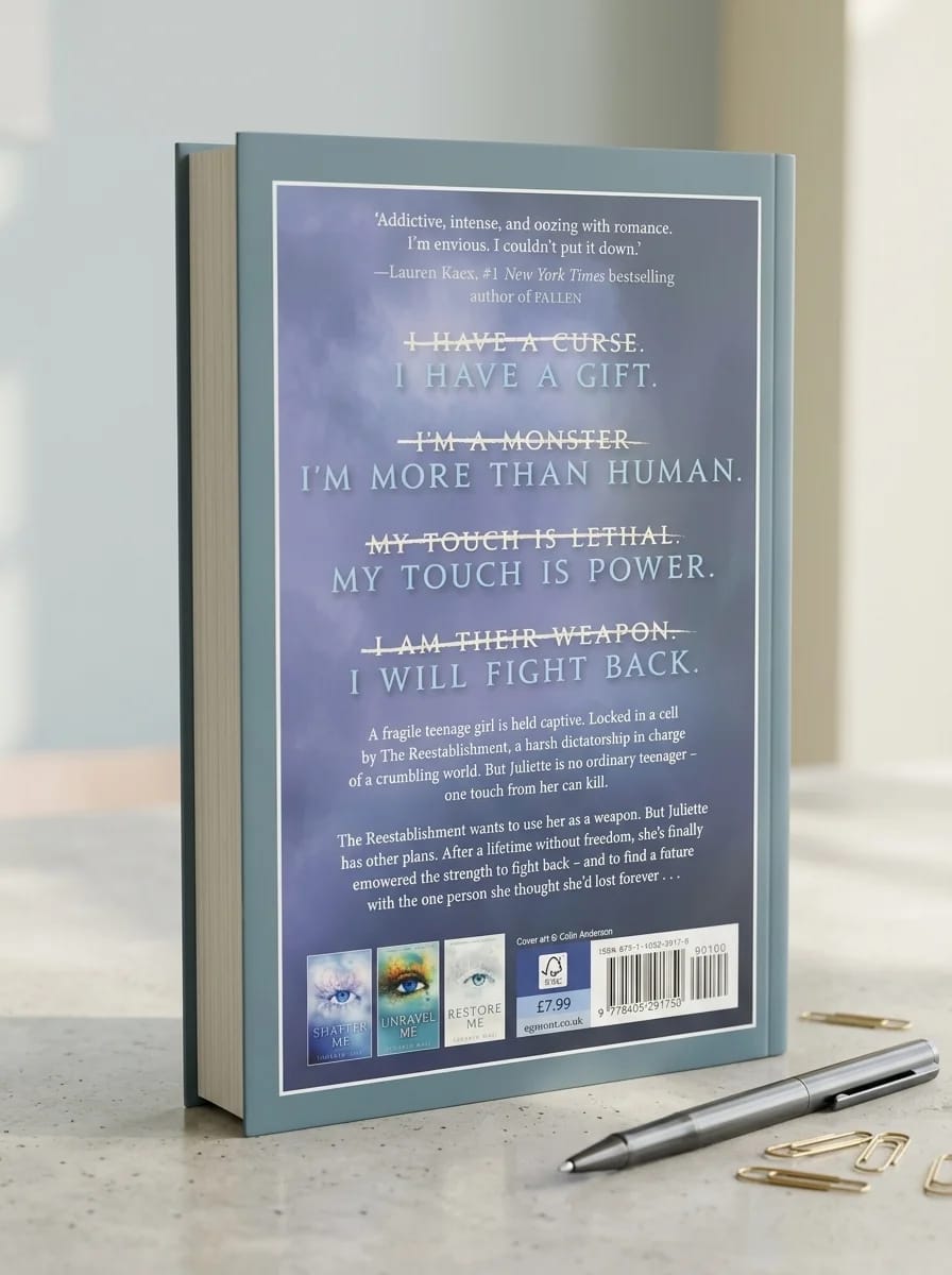 Book with a blue cover featuring text on a light surface with a pen and gold items.