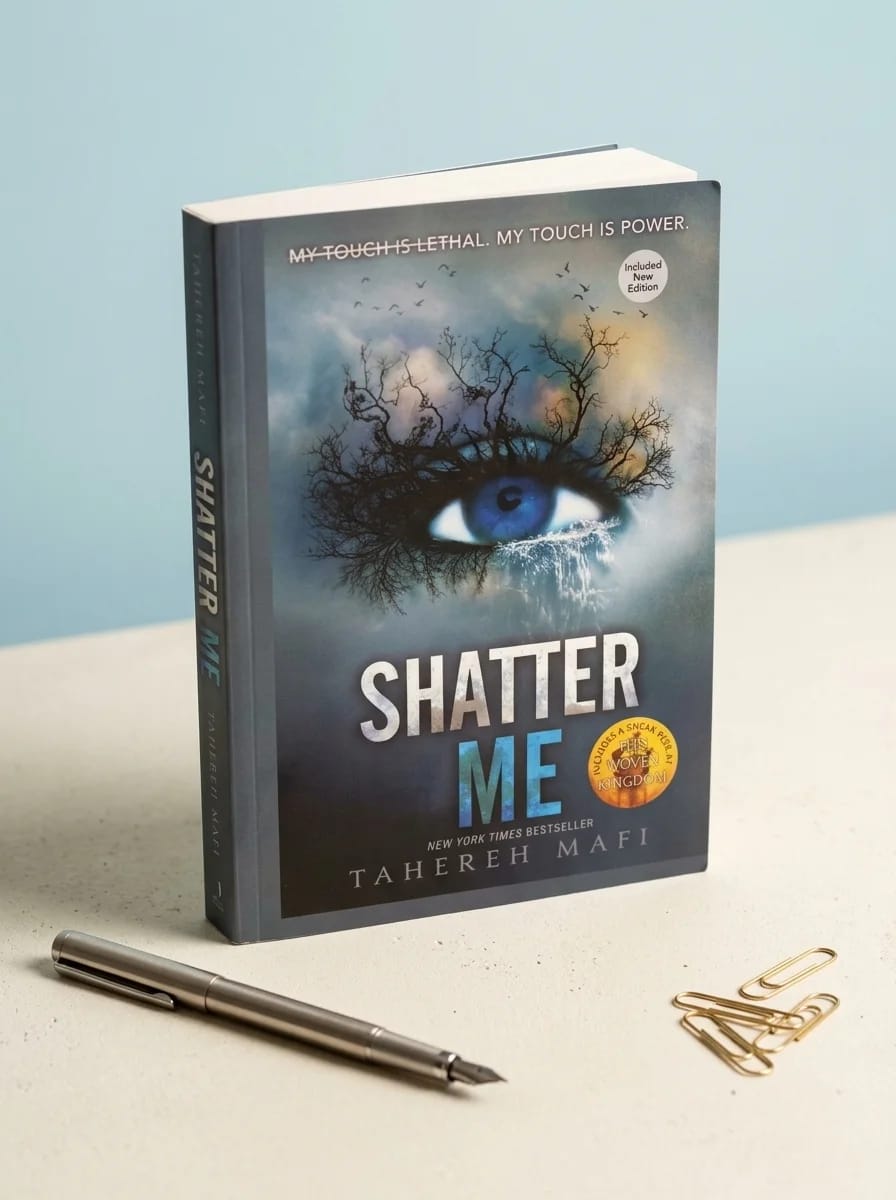 Book titled 'Shatter Me' by Tahereh Mafi with a pen and paper clips on a light surface and blue background