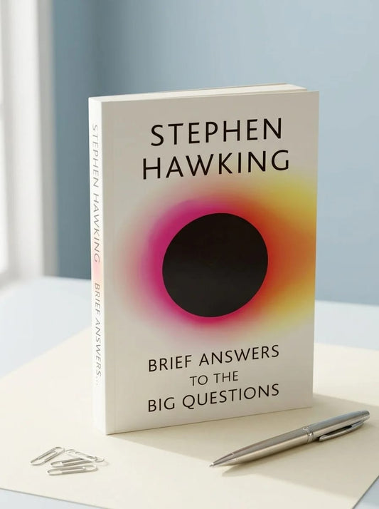 Book titled 'Brief Answers to the Big Questions' by Stephen Hawking on a table with a pen and paper clips.