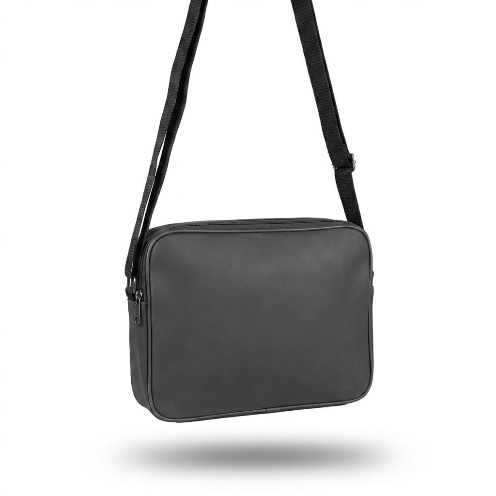 Image 3 (Hanging view): "Side view of grey crossbody bag showing extended adjustable shoulder strap and compact rectangular silhouette"
