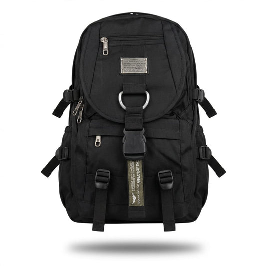 Black backpack with multiple straps and zippers on a white background