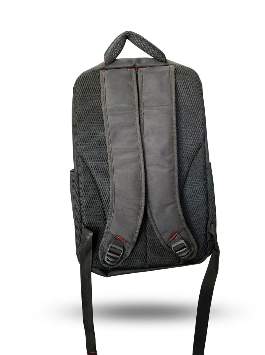 "Back view of Tailaisi black backpack showing padded ergonomic shoulder straps, 3D breathable mesh ventilation panel, adjustable plastic buckles, reinforced carry handle, and subtle red stitching details"
