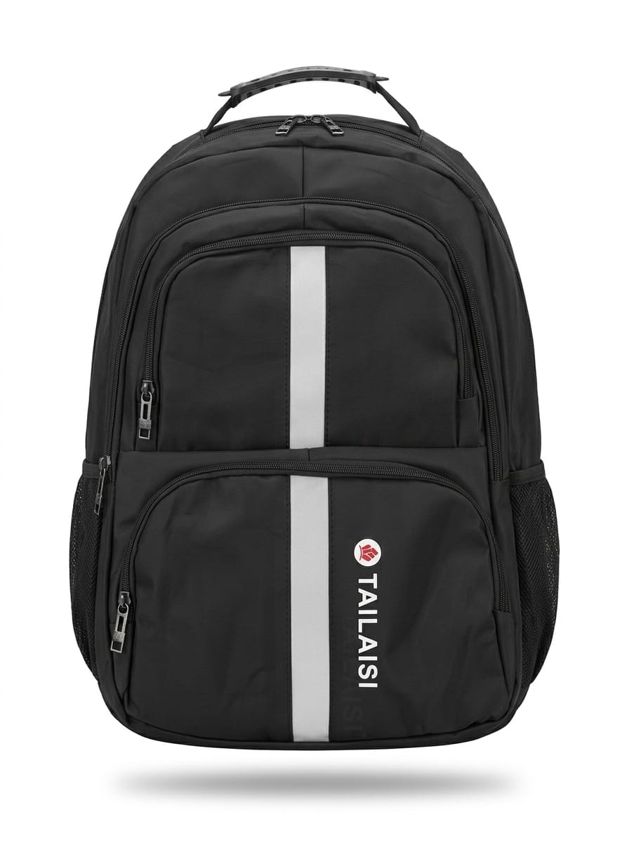 "Front view of Tailaisi black backpack featuring bold white vertical stripe, red and white logo, multiple zippered compartments, mesh side pockets, and sturdy top handle on white background"
