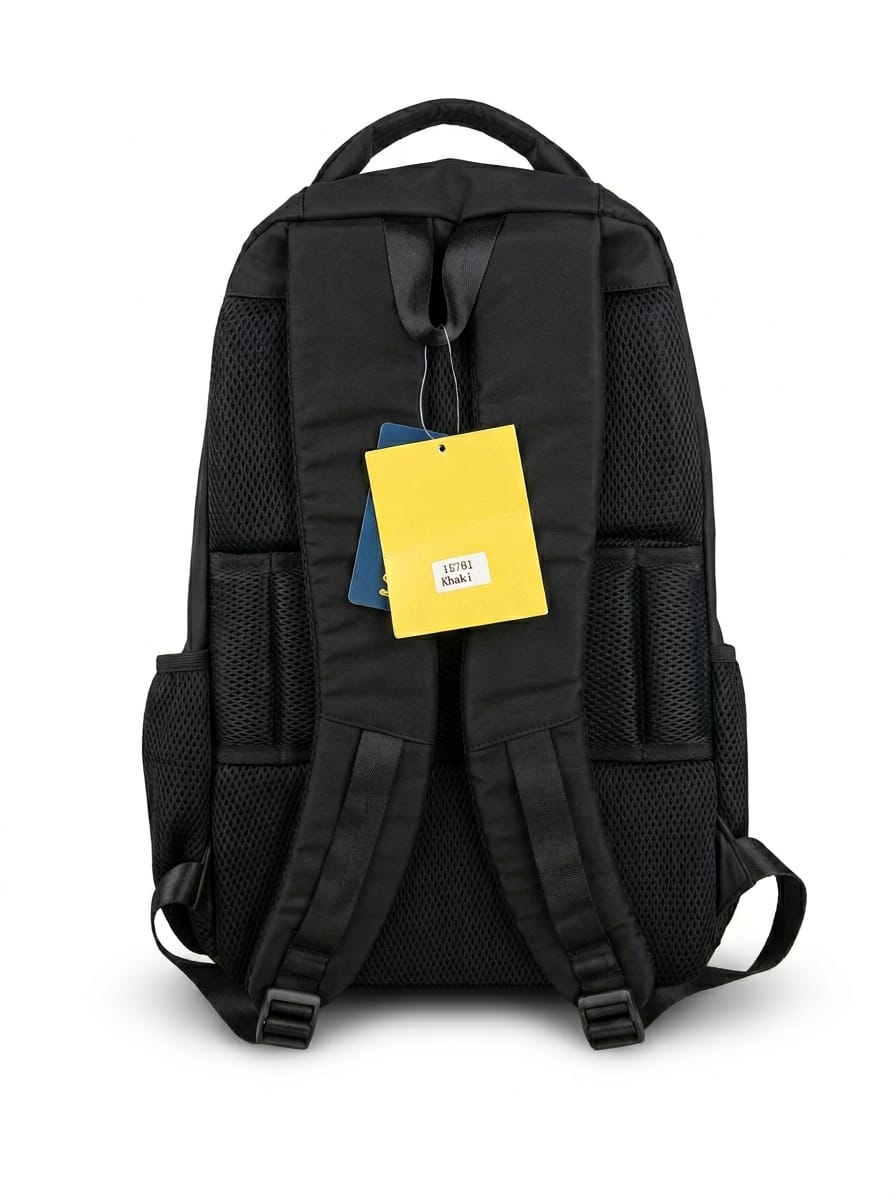 "Back view of Tailaisi black backpack showing padded adjustable shoulder straps, breathable mesh ventilation panel, multiple storage slots, adjustable buckles, and yellow product tag"
