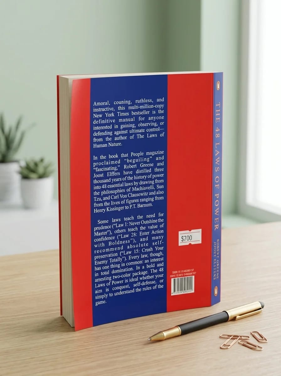 Book with red and blue cover on a wooden table with a pen and paper clips.