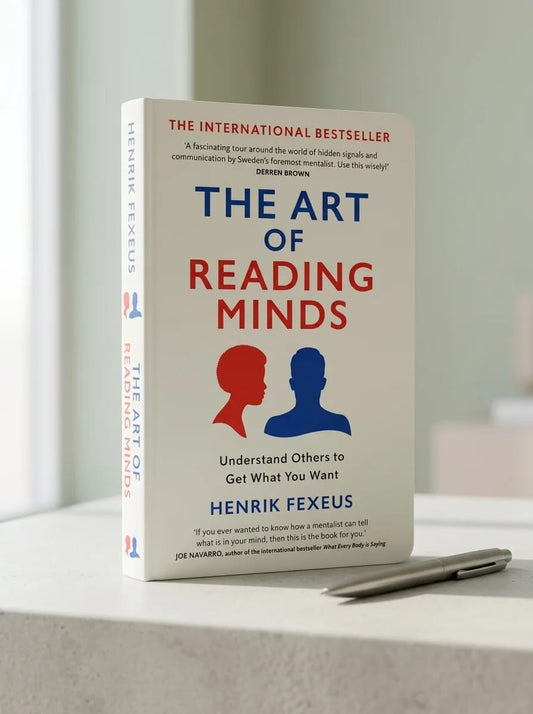 Book titled 'The Art of Reading Minds' by Henrik Fexeus on a table with a pen.