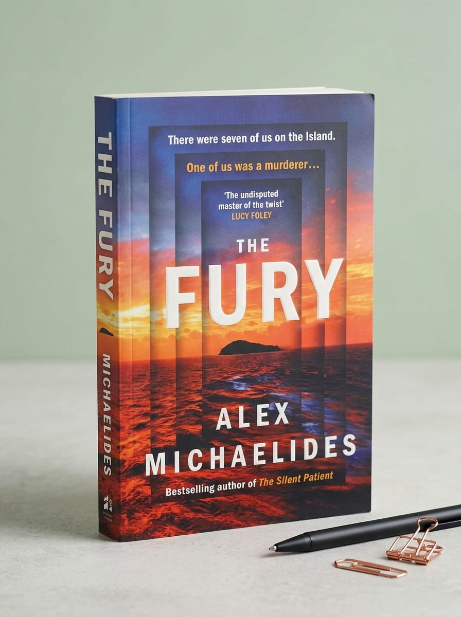 Book cover of 'The Fury' by Alex Michaelides with a pen and paper clips on a light gray surface.
