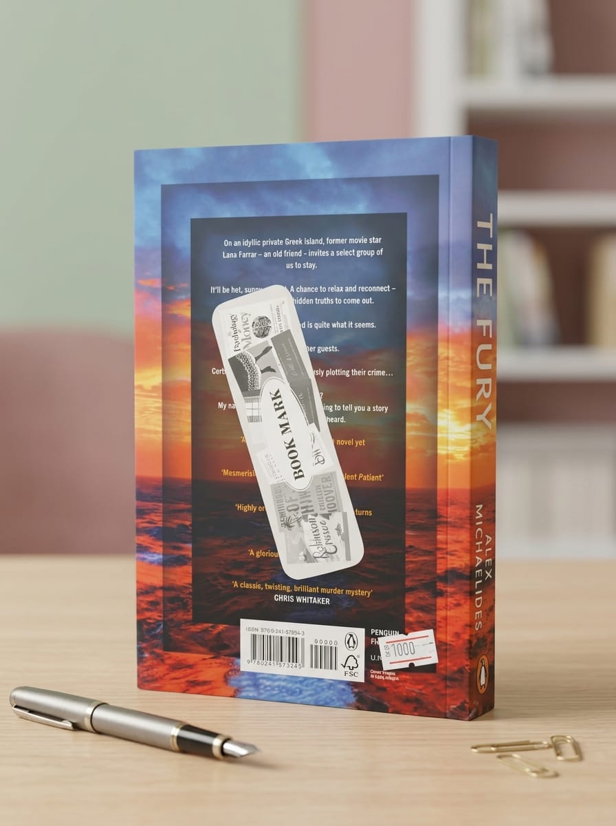 Book titled 'The Fury' by Max Masters on a wooden surface with a pen and key.