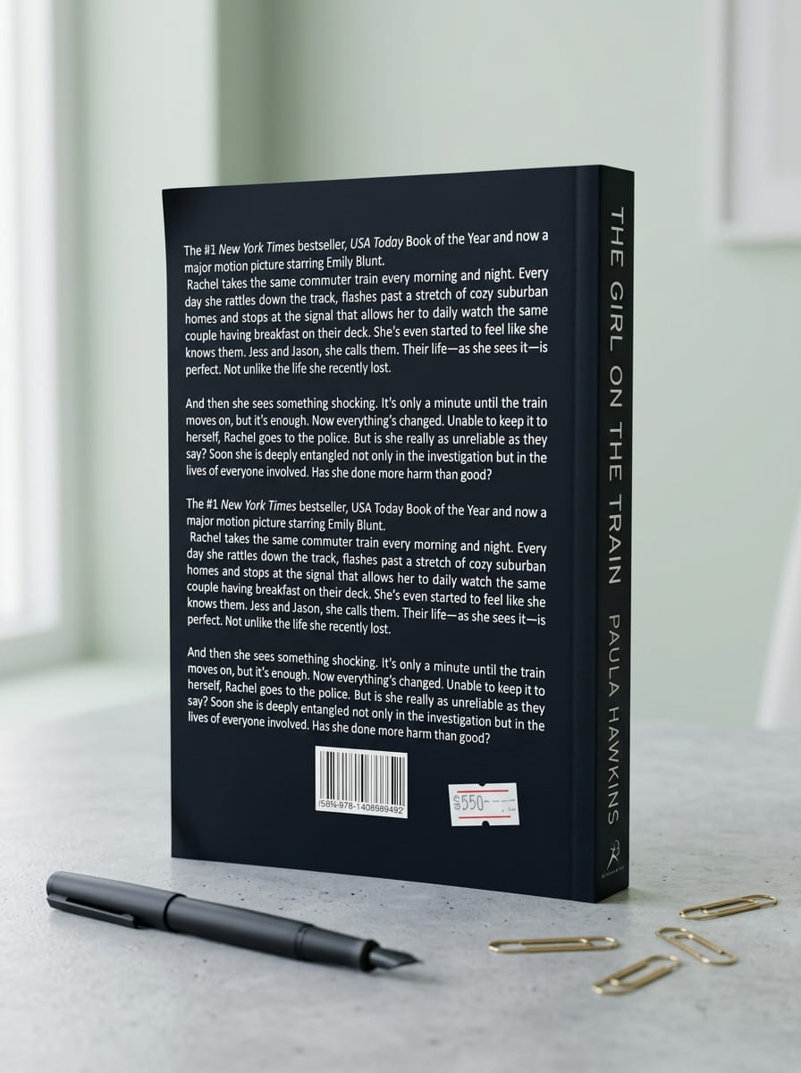 "Back cover of The Girl on the Train showing synopsis about Rachel the commuter, major motion picture starring Emily Blunt, #1 New York Times bestseller badges, ISBN barcode, and price tag, placed on a light desk with stationery"