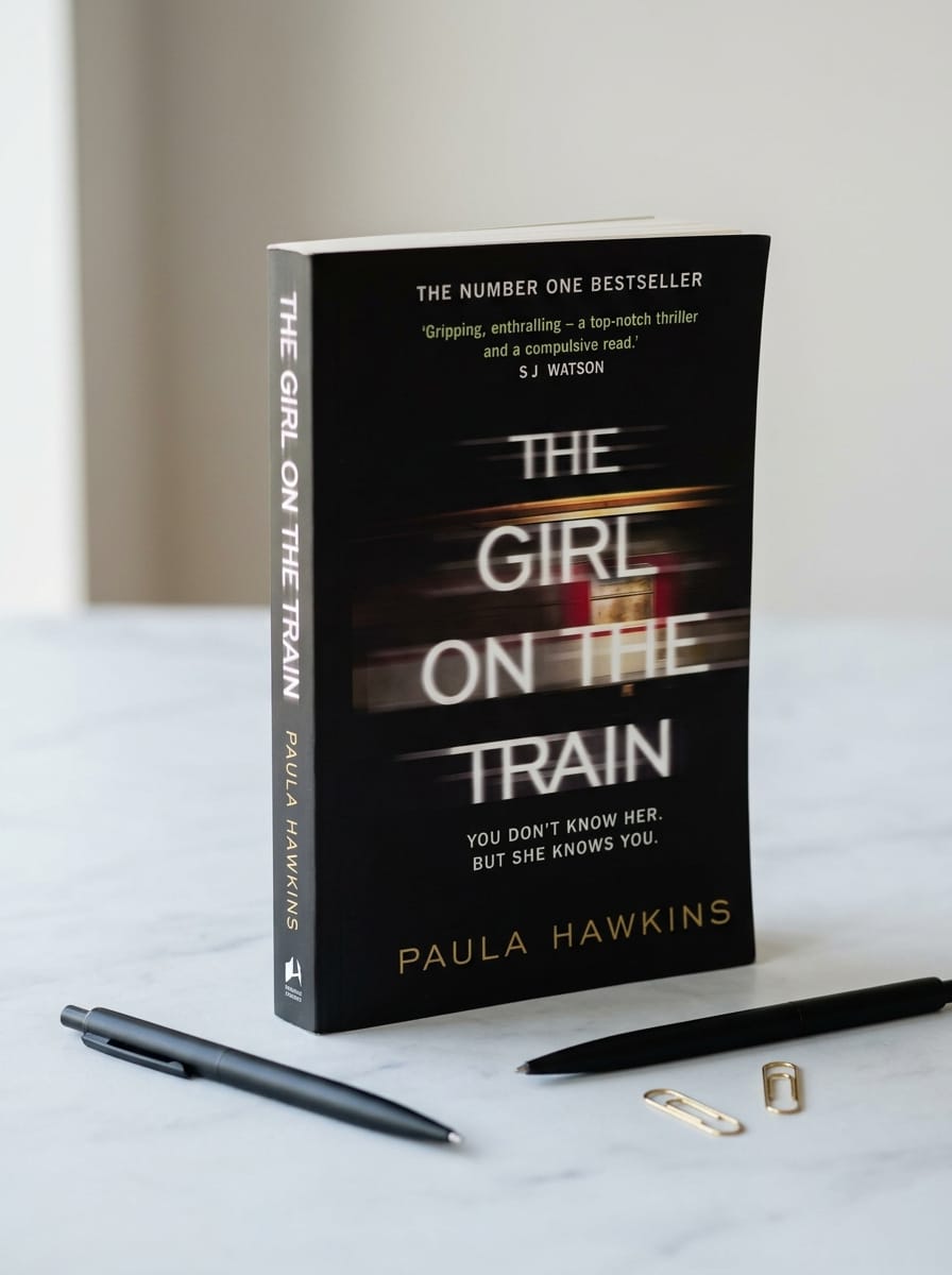 "Front cover of The Girl on the Train by Paula Hawkins, black background with blurred train window imagery and bold white title text, tagline 'You don't know her. But she knows you.', standing on a white marble surface with black pens and gold paper clips"