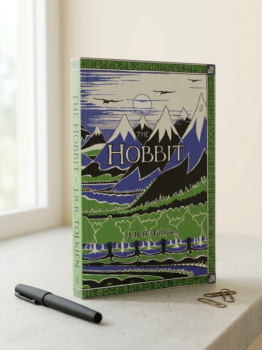 Book titled 'The Hobbit' by J.R.R. Tolkien on a surface with a pen and keys.