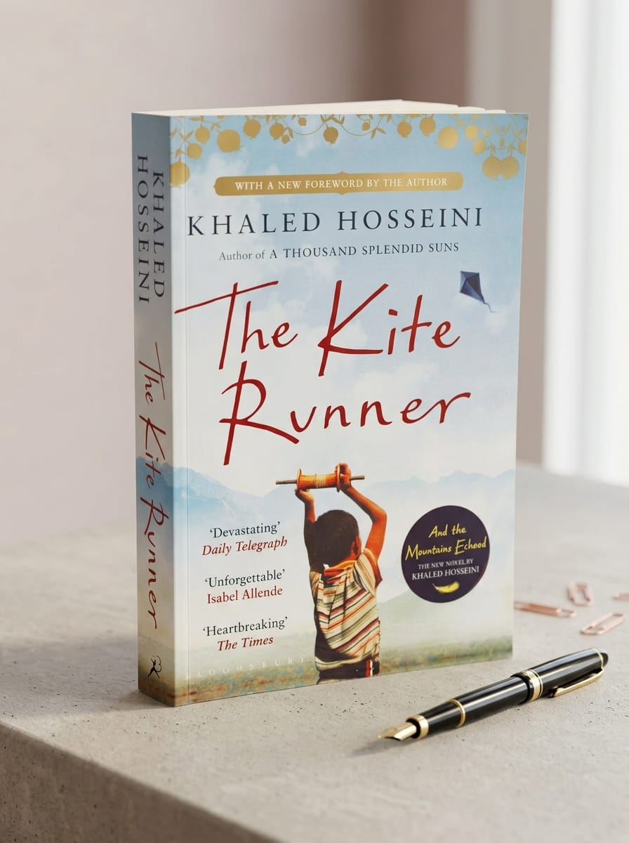 "Front cover of The Kite Runner by Khaled Hosseini, Bloomsbury paperback edition featuring a young boy looking up at a blue kite in the sky, with text 'Author of A Thousand Splendid Suns' and review quotes"
