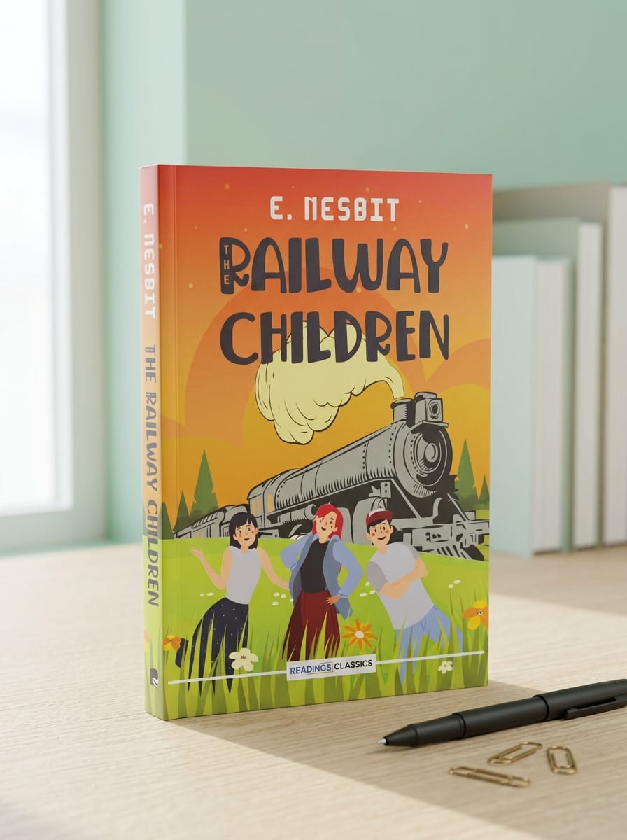 Book titled 'Railway Children' by E. Nesbit on a table with a pen and coins.