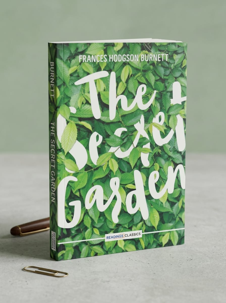 "The Secret Garden by Frances Hodgson Burnett - Readings Classics edition featuring a vibrant green leaf pattern background with white cursive title, standing on a light gray surface with a fountain pen and gold paperclip"