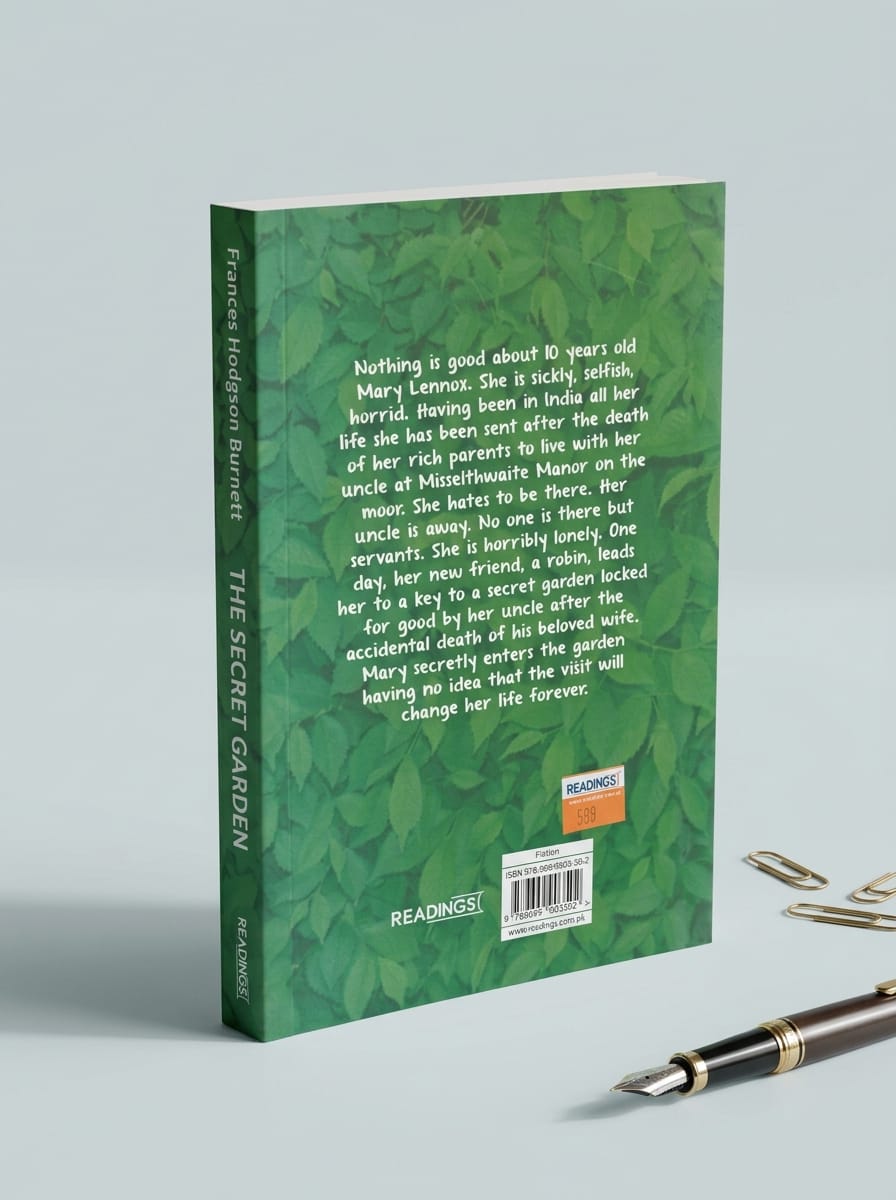 "Back cover of The Secret Garden showing book synopsis about Mary Lennox discovering a hidden garden, green leafy design, Readings Classics branding, ISBN barcode, and orange price sticker"