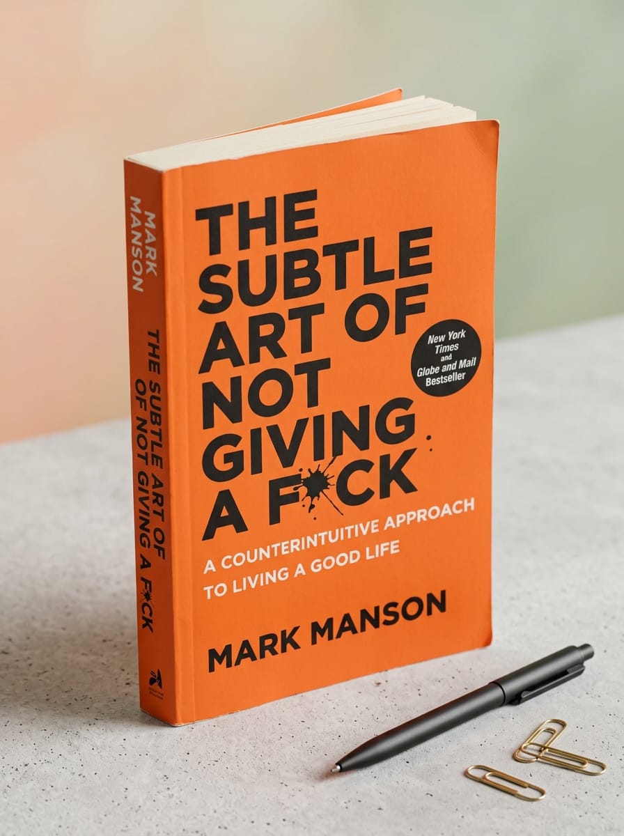  "The Subtle Art of Not Giving a F*ck orange book cover by Mark Manson - bestselling self-help book"