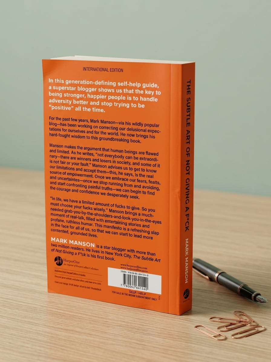 "The Subtle Art of Not Giving a F*ck back cover showing book summary and Mark Manson author information - International Edition"