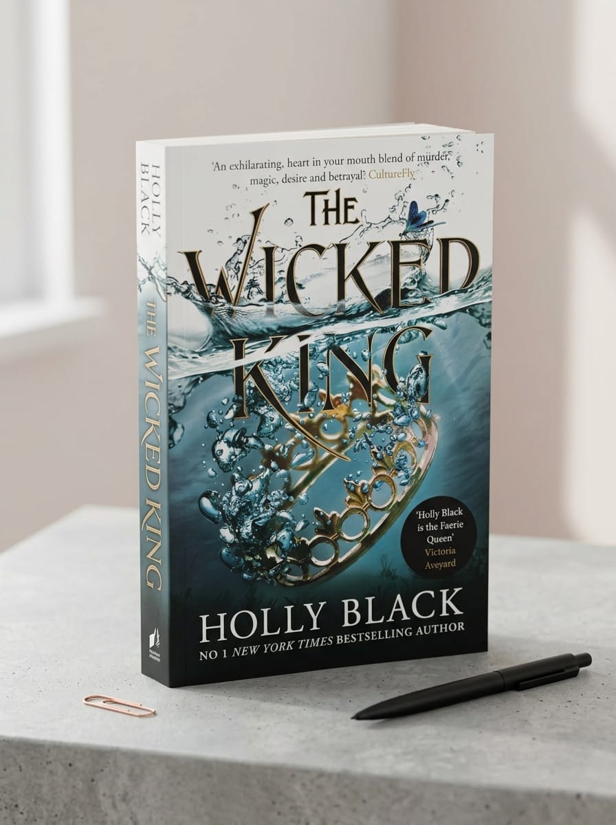 Book titled 'The Wicked King' by Holly Black on a surface with a pen.
