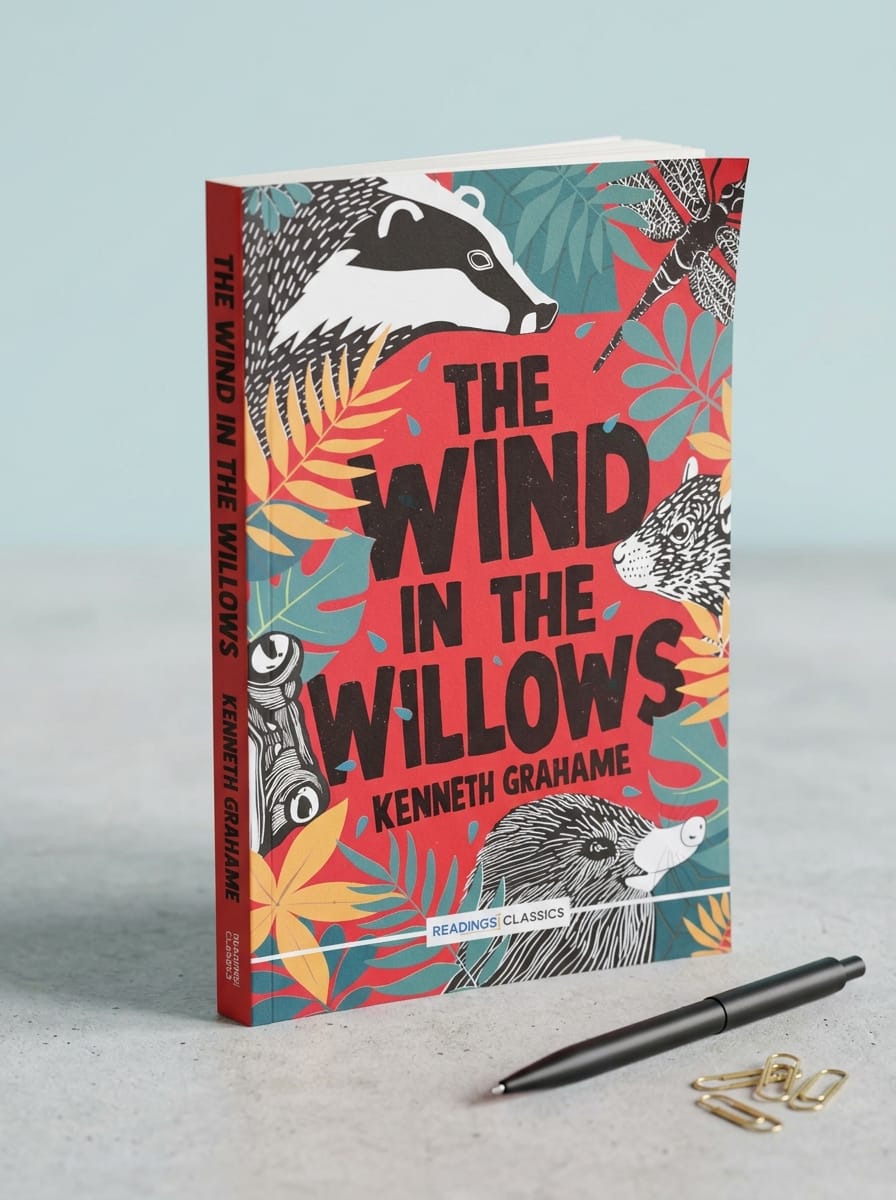 Book cover of 'The Wind in the Willows' by Kenneth Grahame with colorful design and pen on a light gray background