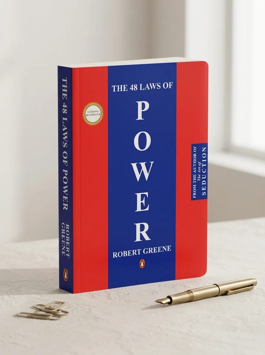 Book titled 'The 48 Laws of Power' by Robert Greene on a light surface with a pen.