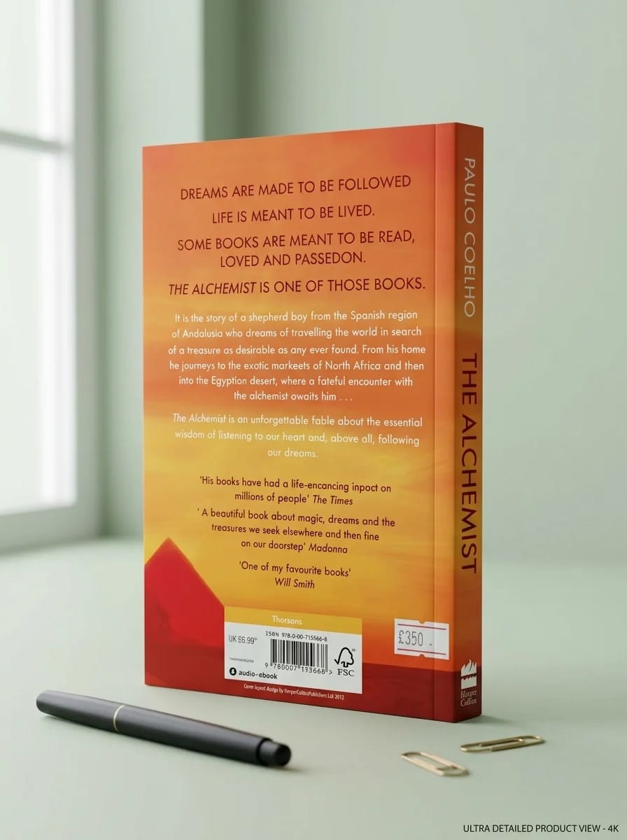 Book cover of 'The Alchemist' by Paulo Coelho with a pen and paper on a light surface.