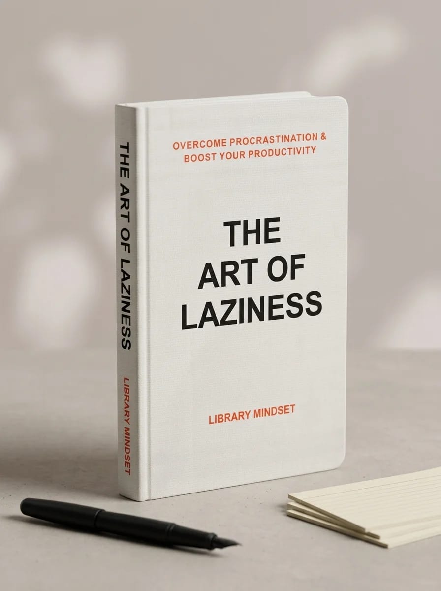 Book titled 'The Art of Laziness' on a light surface with a pen and notebook.