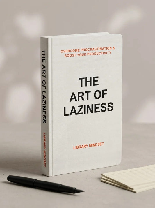 Book titled 'The Art of Laziness' on a light surface with a pen and notebook.