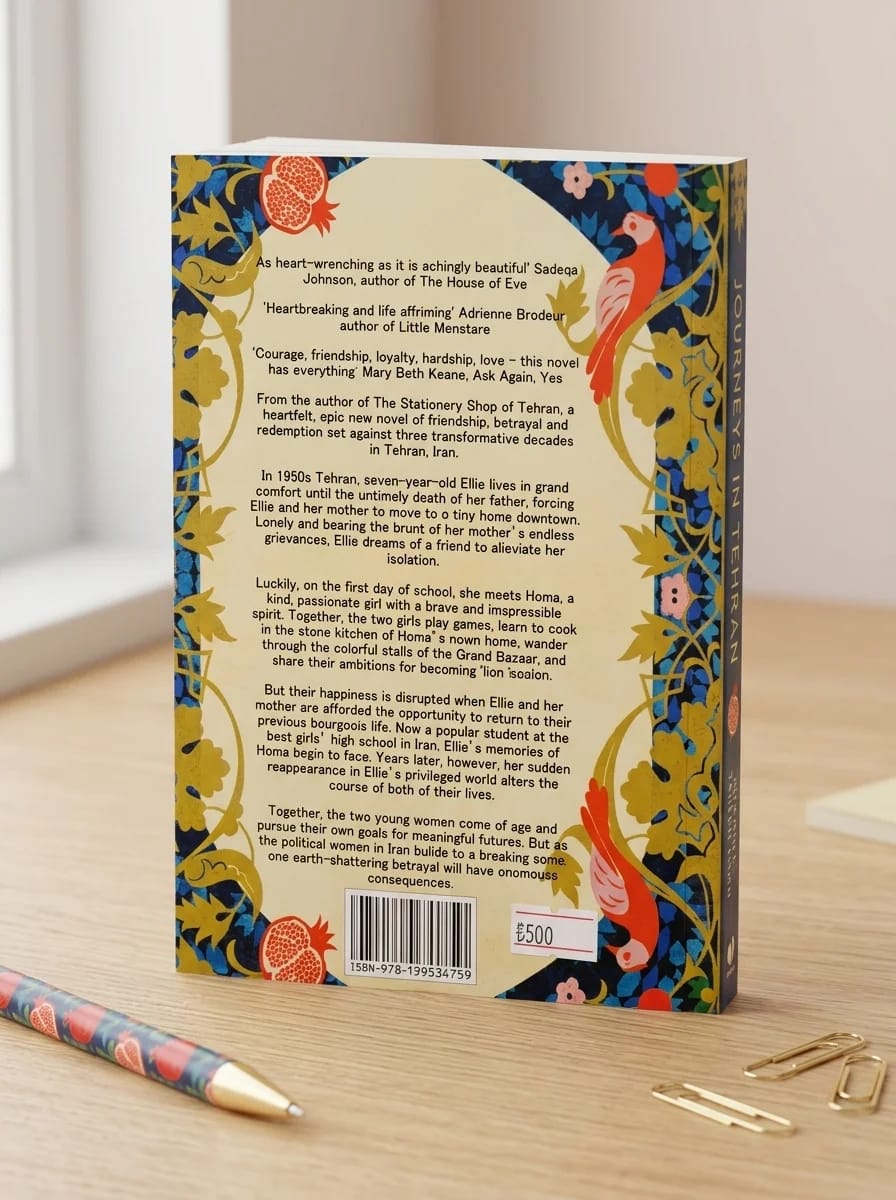 Book cover with decorative elements on a wooden surface