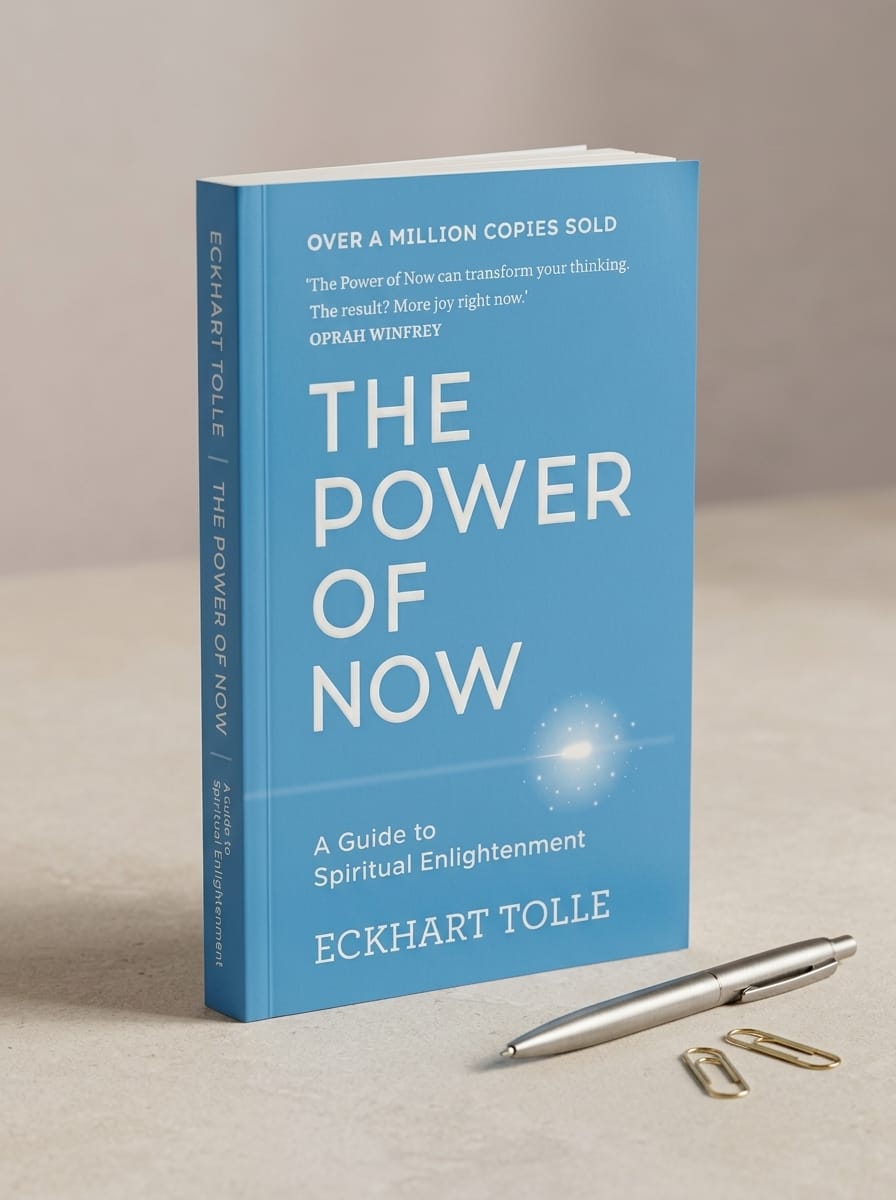 Book titled 'The Power of Now' by Eckhart Tolle on a beige surface with a pen and paper clips.