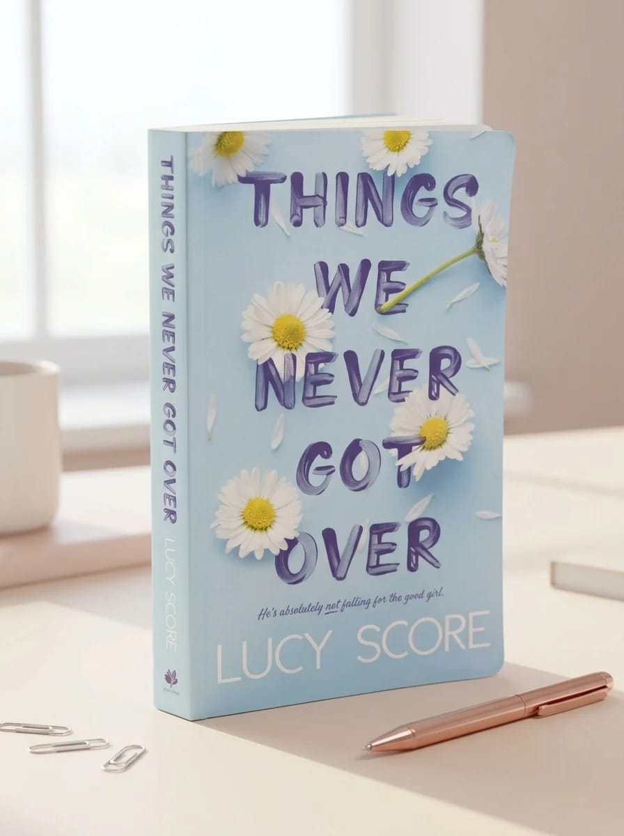 Book titled 'Things We Never Got Over' by Lucy Score with daisy flowers on a light surface.