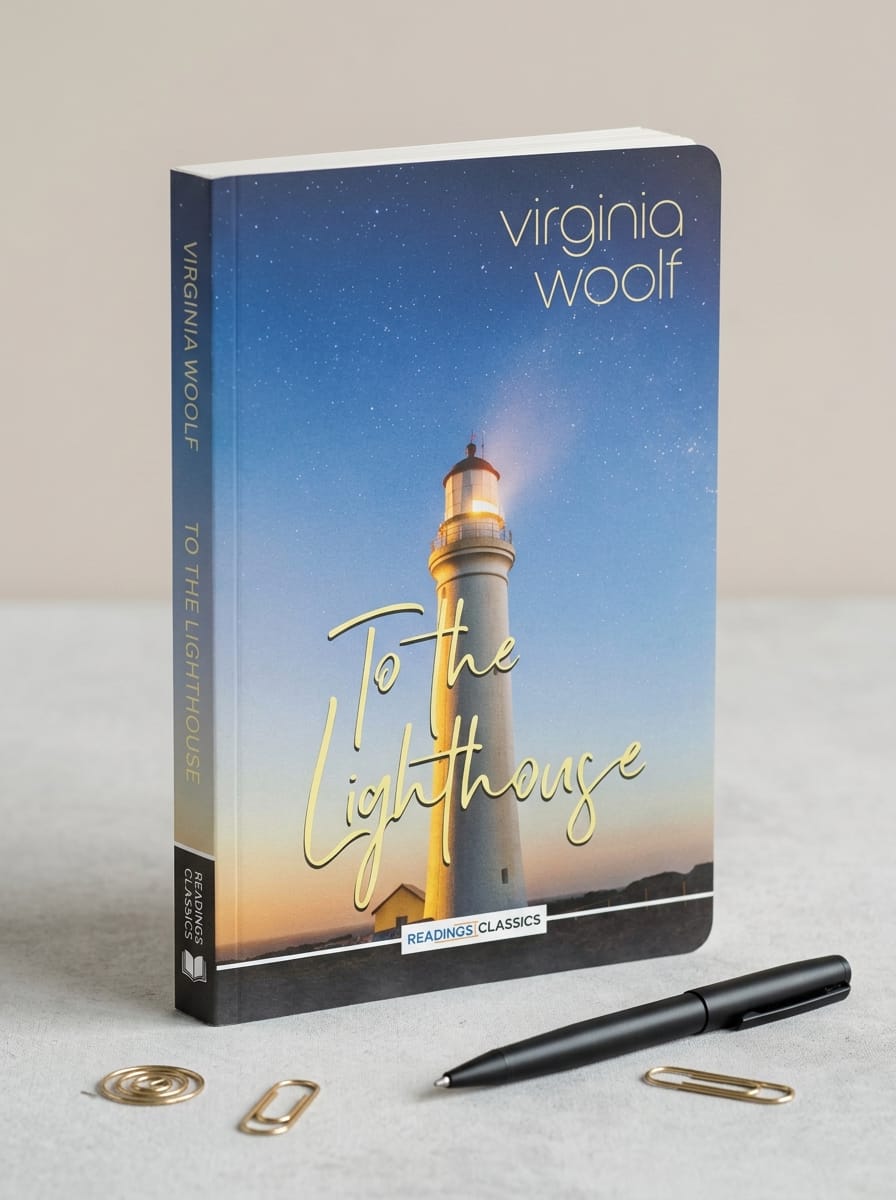 Book titled 'To the Lighthouse' by Virginia Woolf with a lighthouse illustration on the cover, placed on a light surface with a pen and paper clips.