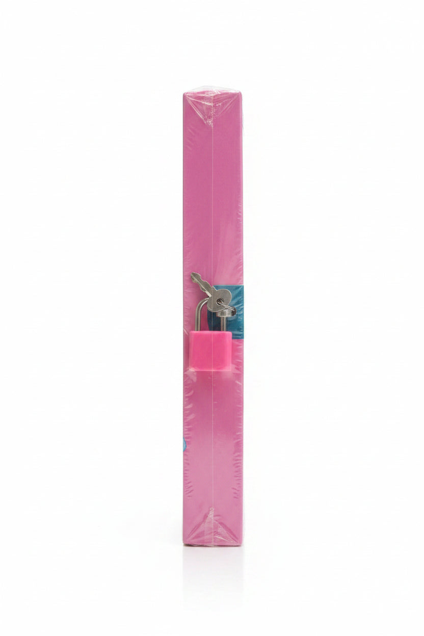 Pink belt with a lock on a cluttered shelf