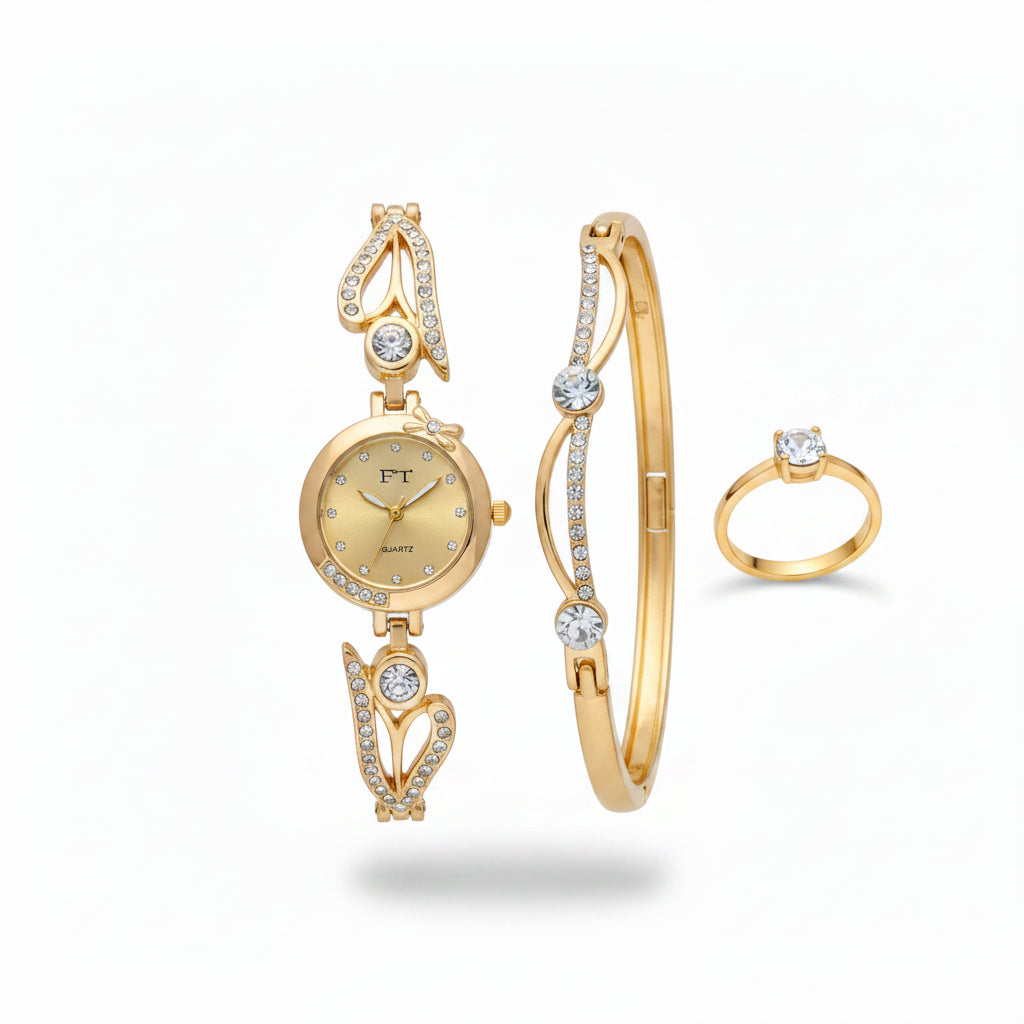 FT Quartz 3-Piece Gold & Crystal Women's Watch, Bangle, and Ring Gift Set