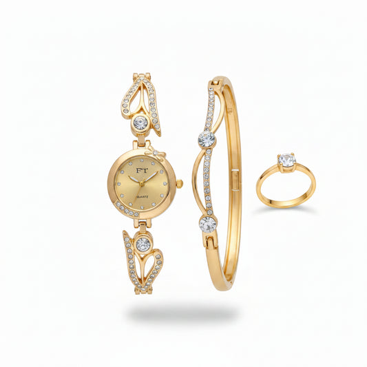 FT Quartz 3-Piece Gold & Crystal Women's Watch, Bangle, and Ring Gift Set