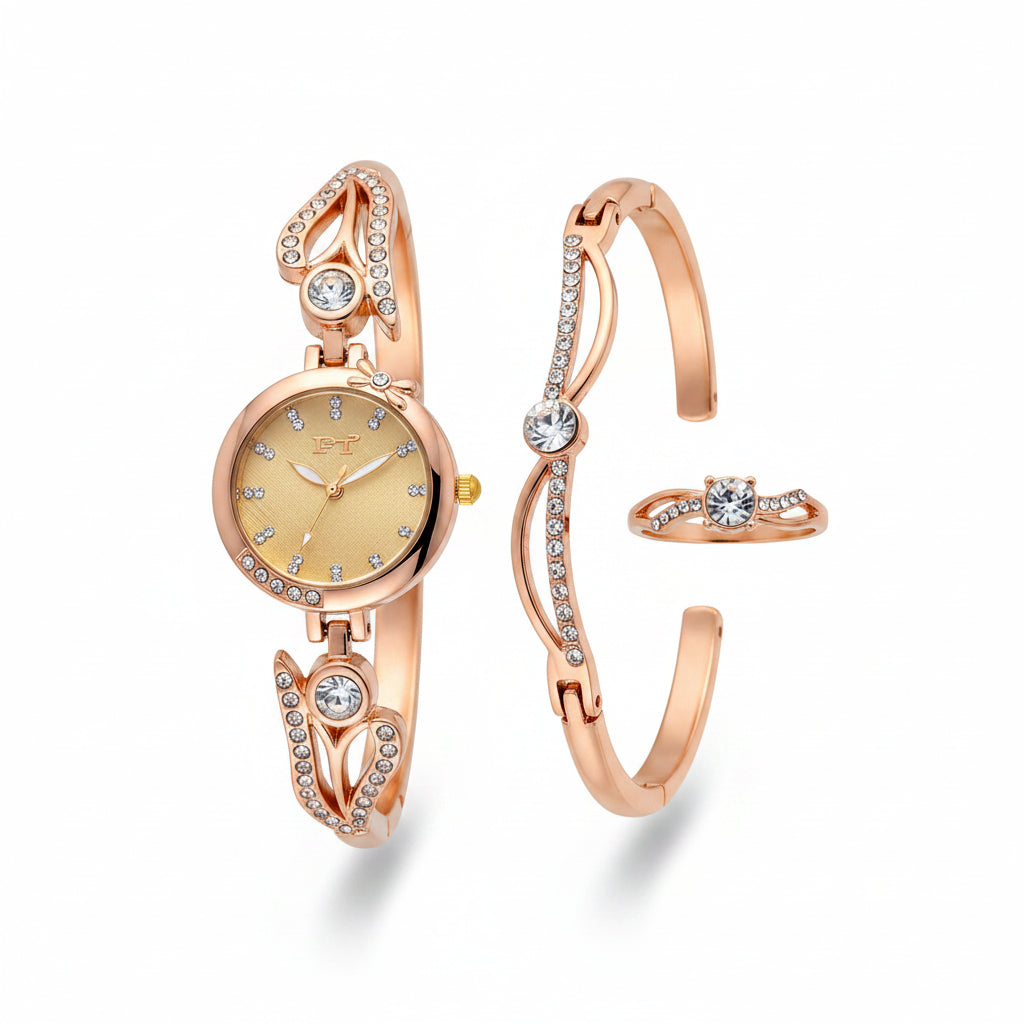 FT Quartz 3-Piece Gold & Crystal Women's Watch, Bangle, and Ring Gift Set