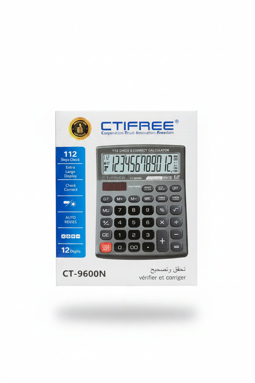 A CTIFREE CT-9600N 12-digit check-and-correction calculator in its original white retail packaging, held by a person's hand in front of a cluttered background of other boxes.